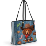 DachyCharm Cowboy Doxie Personalized Leather Tote Bag