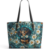 DachyCharm Daisy Meadow Doxie Leather Tote Bag