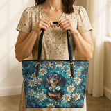 DachyCharm Daisy Meadow Doxie Leather Tote Bag
