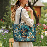 DachyCharm Daisy Meadow Doxie Leather Tote Bag