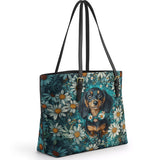 DachyCharm Daisy Meadow Doxie Leather Tote Bag
