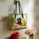DachyCharm Sunny Picnic Pup Leather Tote Bag