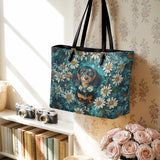 DachyCharm Daisy Meadow Doxie Leather Tote Bag
