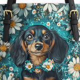 DachyCharm Daisy Meadow Doxie Leather Tote Bag
