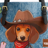 DachyCharm Cowboy Doxie Personalized Leather Tote Bag