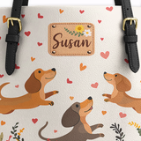 DachyCharm Floral Dachshund With Heart Personalized Leather Tote Bag