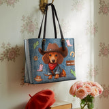 DachyCharm Cowboy Doxie Personalized Leather Tote Bag