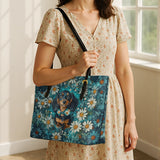 DachyCharm Daisy Meadow Doxie Leather Tote Bag