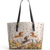 DachyCharm Floral Dachshund With Heart Leather Tote Bag